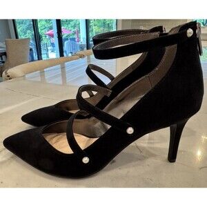 Libby Edelman Strappy Black Stiletto Heels with Back Zip and Faux Pearls SZ 8
